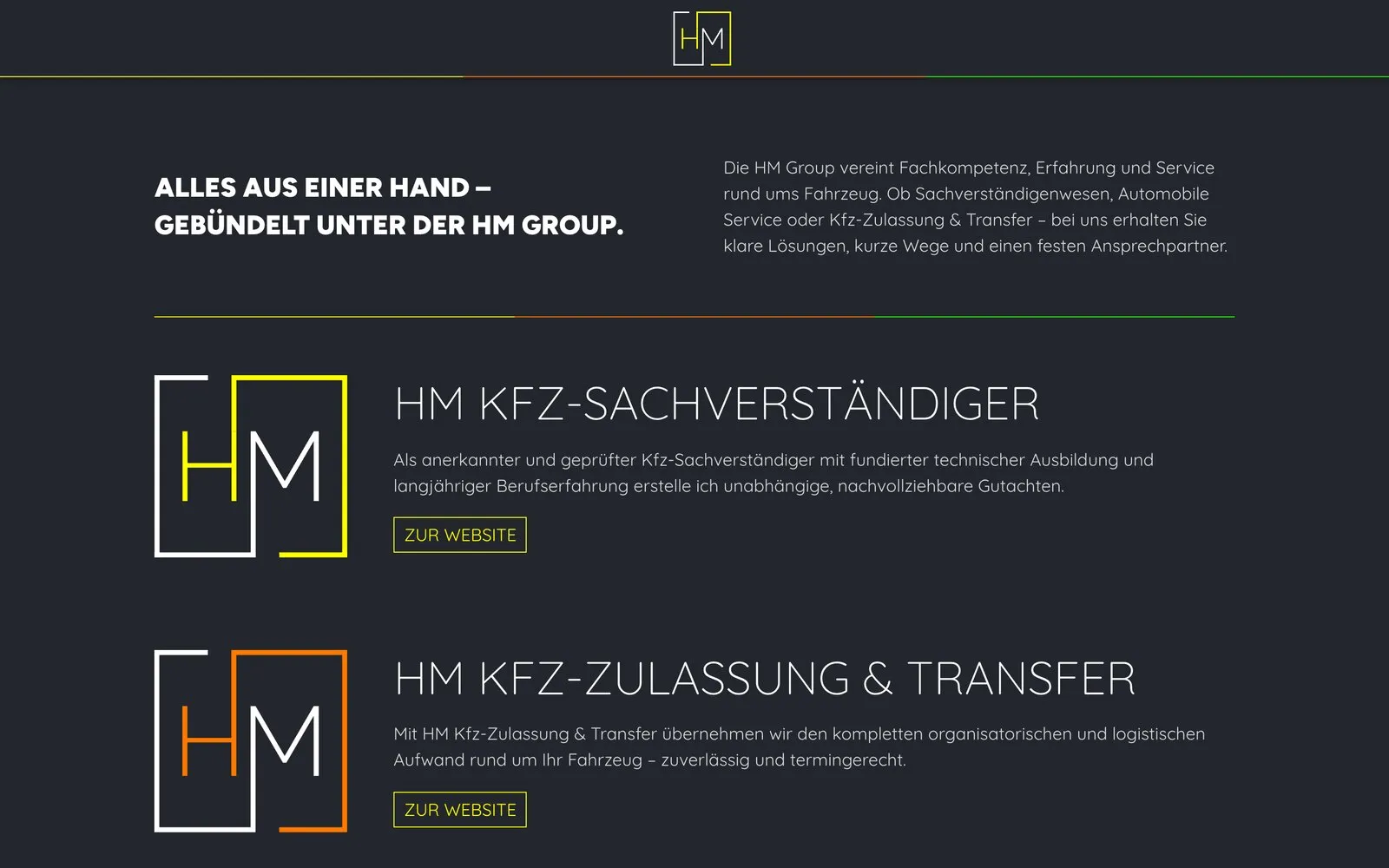 Startseite der HM Group mit den Logos der drei HM-Betriebe