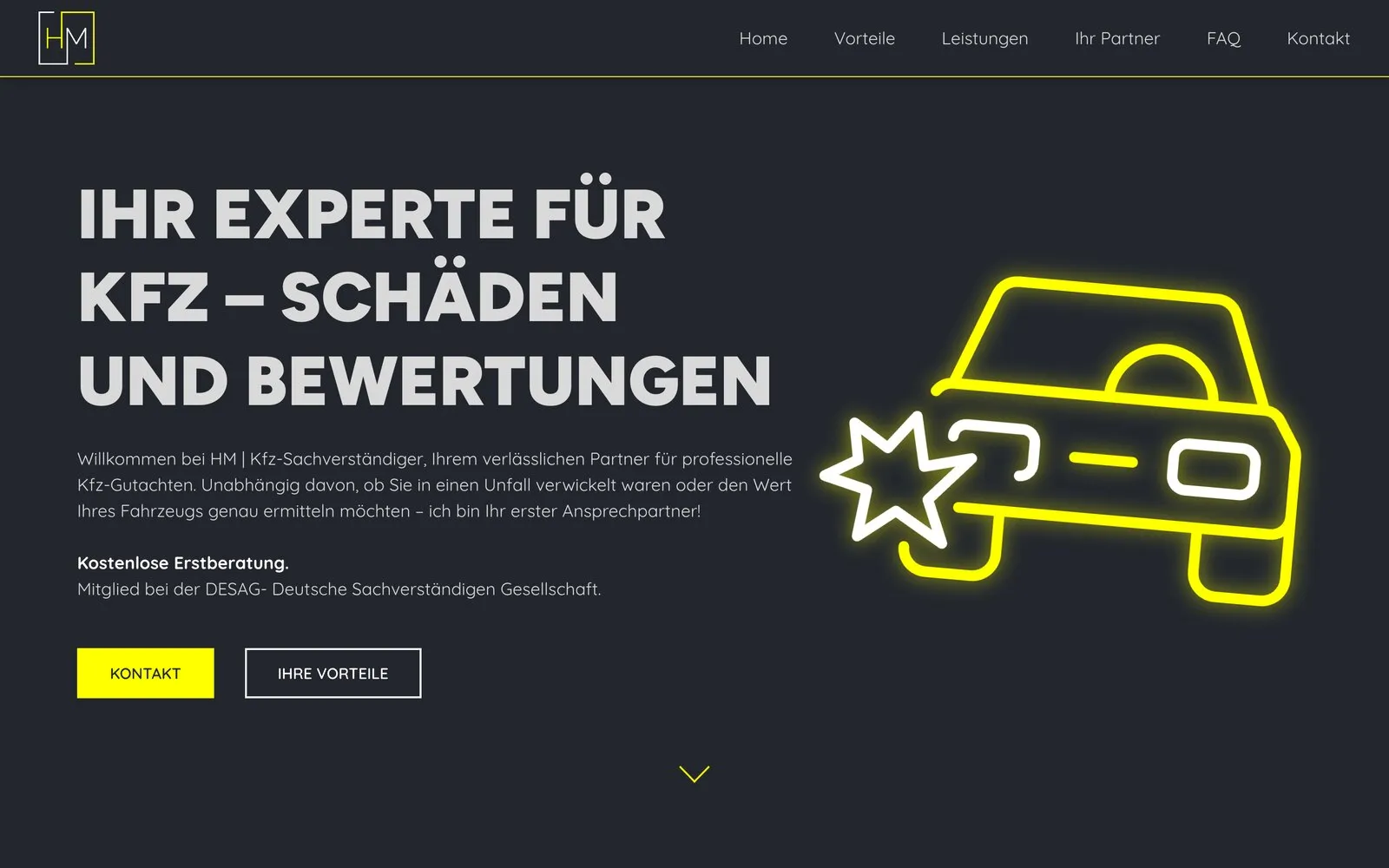 Startseite von HM KFZ-Sachverständiger mit gelber Neon-Illustration eines beschädigten Autos