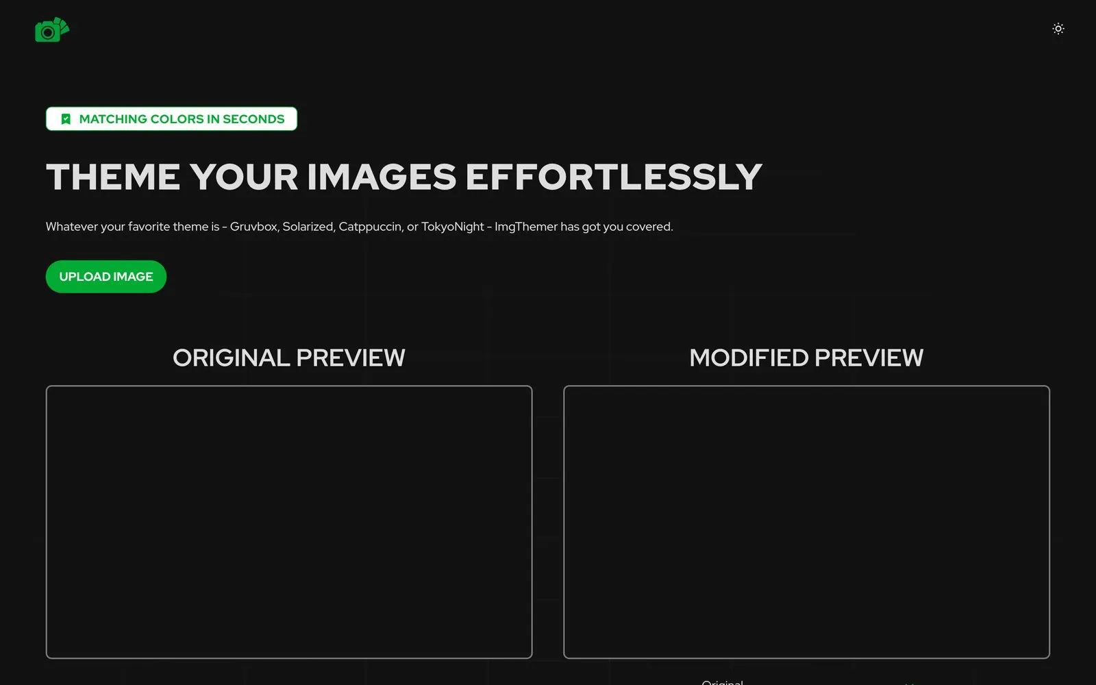 ImgThemer mit der Überschrift „Theme your images effortlessly“ und zwei Vorschaufeldern
