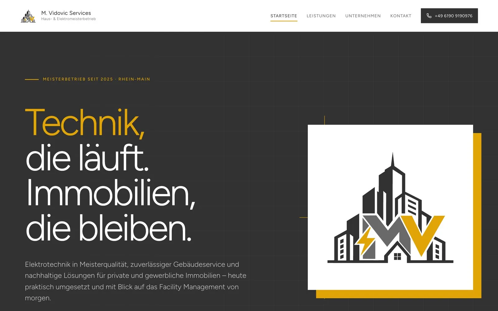 Startseite von M. Vidovic Services mit der Überschrift „Technik, die läuft. Immobilien, die bleiben.“ und dem Firmenlogo
